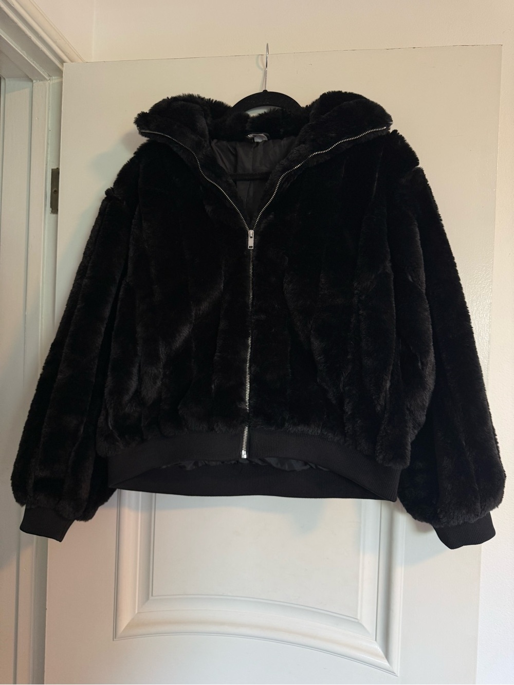 H&M Black Plush Fur Zip-Up Jacket